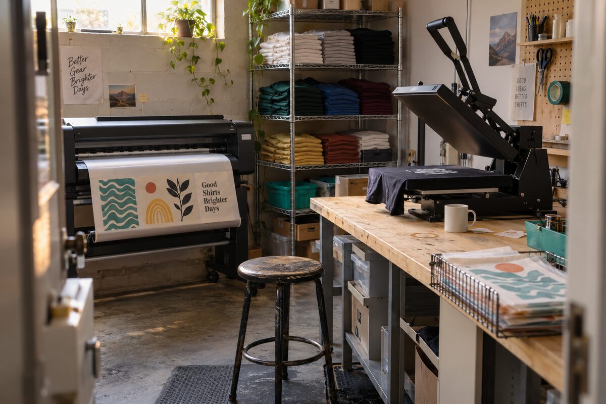 A DTF printer and heat press in a small workshop.