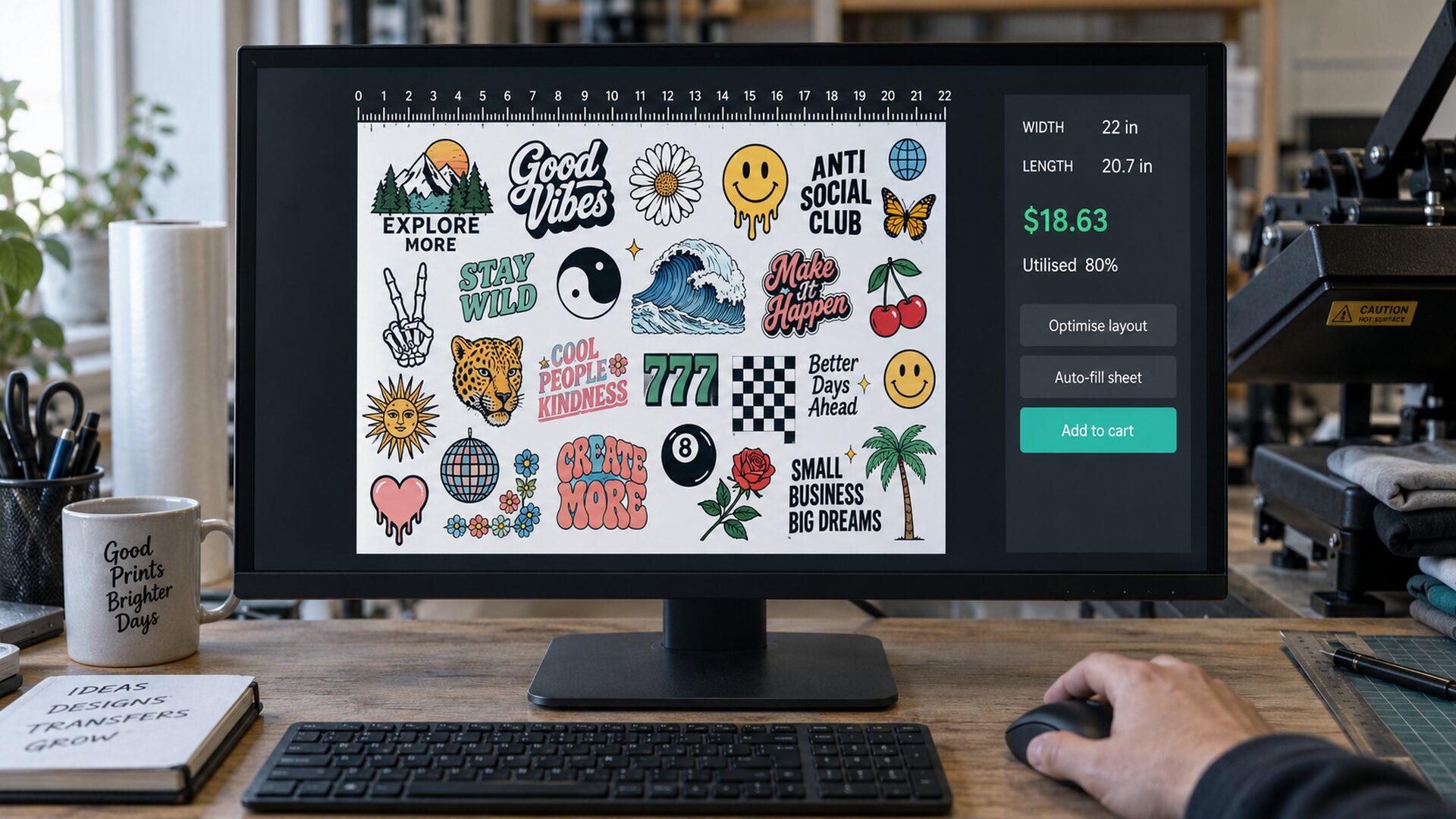 The gang sheet builder open on a storefront, with designs arranged on a sheet.