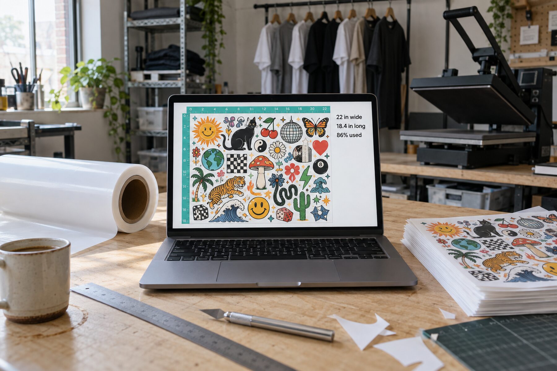A laptop showing a gang sheet layout on a bench in a print shop, beside a roll of transfer film.