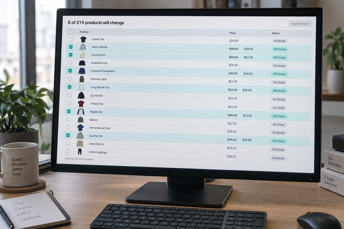 A table of products with pending price changes highlighted.