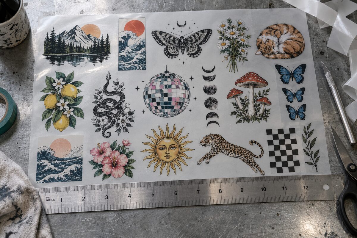 A gang sheet laid out on screen next to a roll of transfer film.