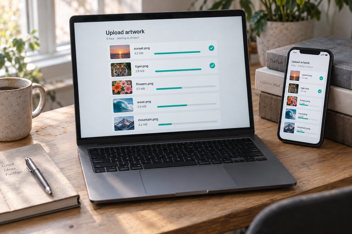 A file upload panel open on a laptop and a phone, files uploading.