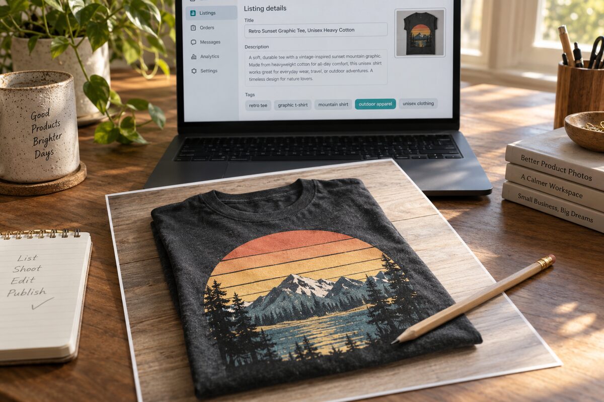 A product listing being written beside its photograph.