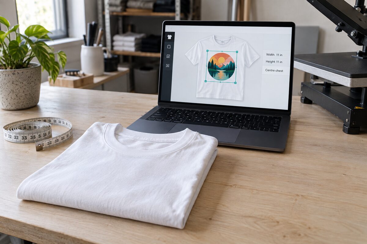 A logo being positioned on a blank shirt on screen.